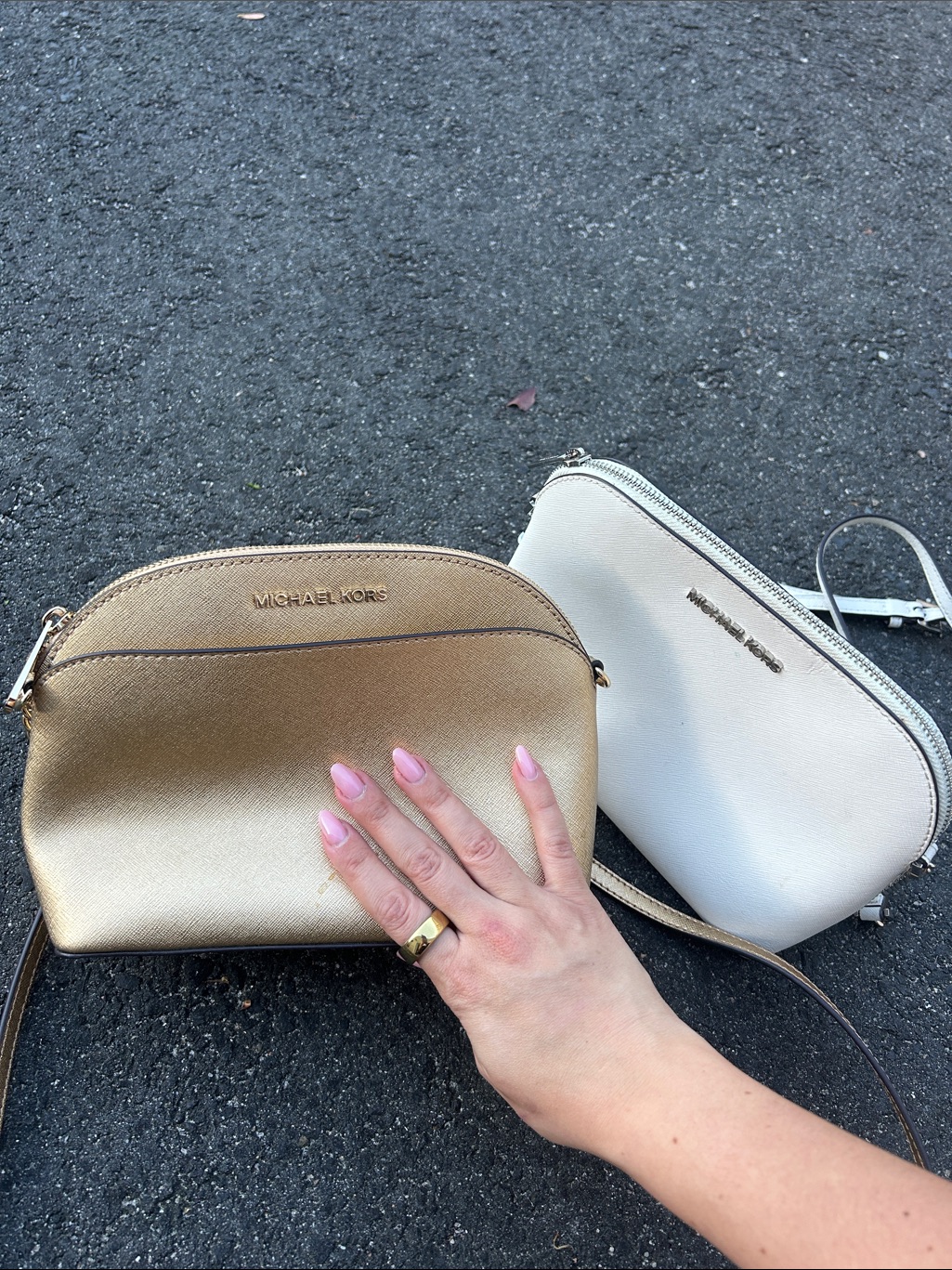 Michael Kors Metallic Gold And White Dome Crossbody Duo Bundle